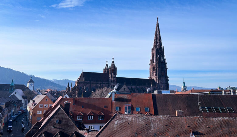 Blick über die Dächer der Altstadt in Freiburg mit der Münsterspitze, die hervorsteht