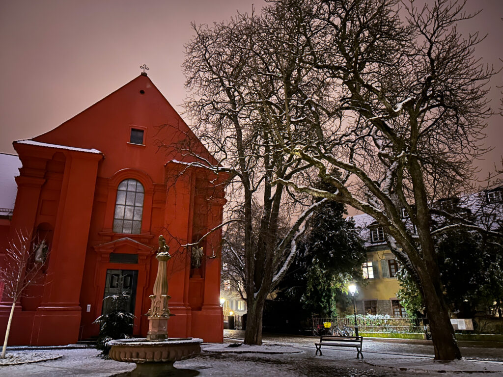 Gänsemännle-Brunnen vor dem Adelhaus im Winter mit Schnee