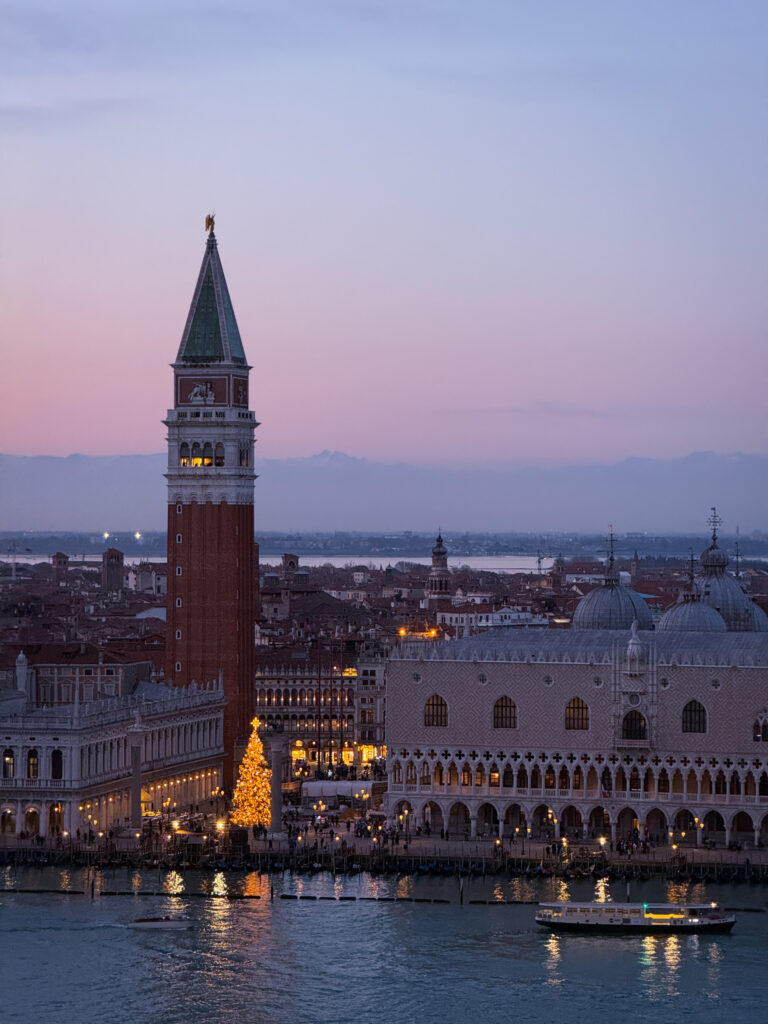 Blick auf den Markusplatz im Dezember mit einem beleuchteten Weihnachtsbaum